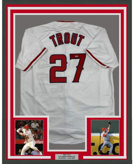Framed Autographed/Signed Mike Trout 35x39 Los Angeles White Baseball Jersey Steiner Sports COA Hologram Only