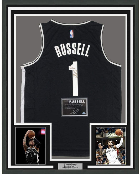 Framed Autographed/Signed D'Angelo Russell DLo 35x39 Brooklyn Black Basketball Jersey Athlete Holo COA
