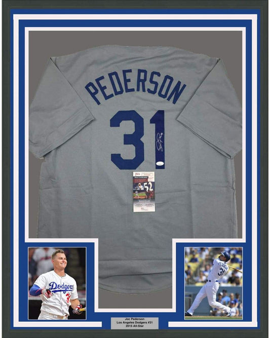Framed Autographed/Signed Joc Pederson 35x39 Los Angeles LA Grey Baseball Jersey JSA COA