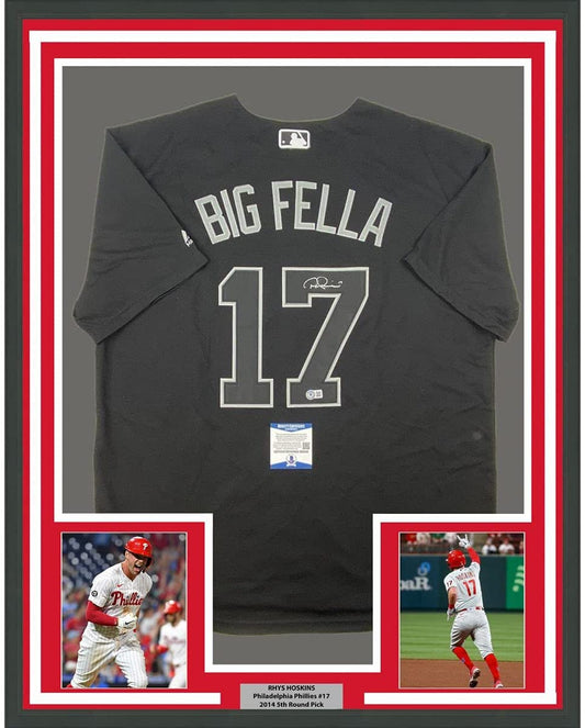 Framed Autographed/Signed Rhys Hoskins 35x39 Big Fella Players Weekend Black Baseball Jersey Beckett BAS COA