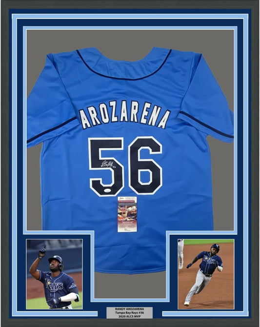 Framed Autographed/Signed Randy Arozarena 35x39 Tampa Bay Light Blue Baseball Jersey JSA COA