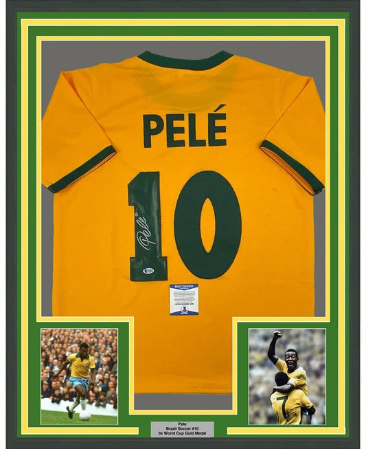 Framed Autographed/Signed Pele 35x39 Brazil Yellow Soccer Jersey Beckett BAS COA