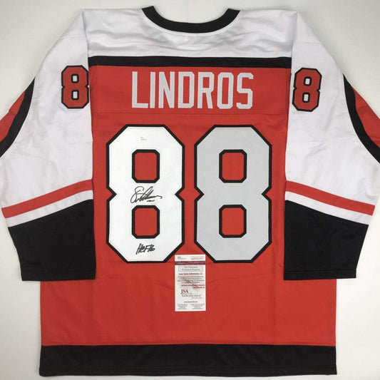 Autographed/Signed Eric Lindros"HOF 16" Philadelphia Orange Hockey Jersey JSA COA