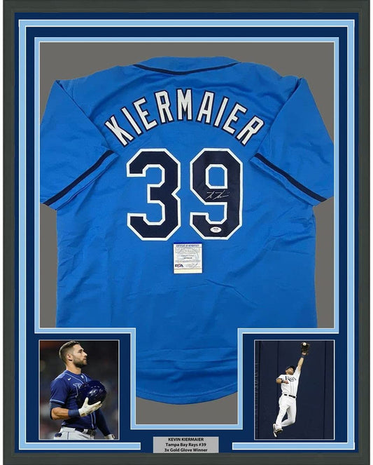 Framed Autographed/Signed Kevin Kiermaier 35x39 Tampa Bay Light Blue Baseball Jersey PSA/DNA COA