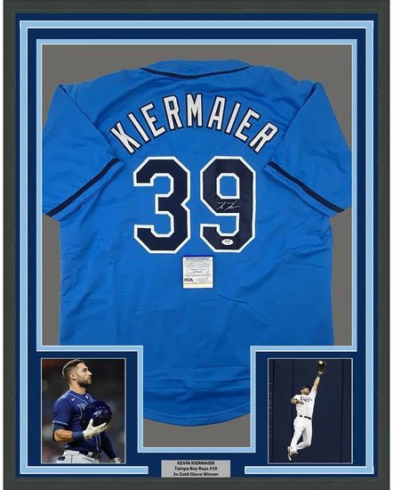 Framed Autographed/Signed Kevin Kiermaier 35x39 Tampa Bay Light Blue Baseball Jersey PSA/DNA COA