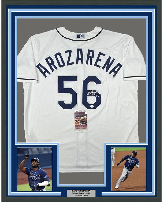 Framed Autographed/Signed Randy Arozarena 35x39 Tampa Bay Rays White Authentic Nike Baseball Jersey JSA COA
