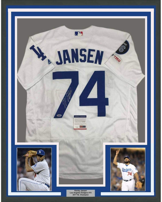 Framed Autographed/Signed Kenley Jansen 35x39 Los Angeles LA White Baseball Jersey PSA/DNA COA