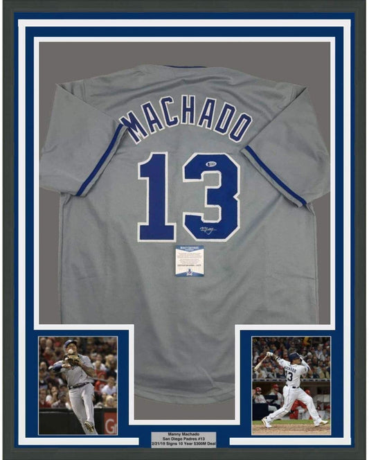 Framed Autographed/Signed Manny Machado 35x39 San Diego Grey Baseball Jersey Beckett BAS COA