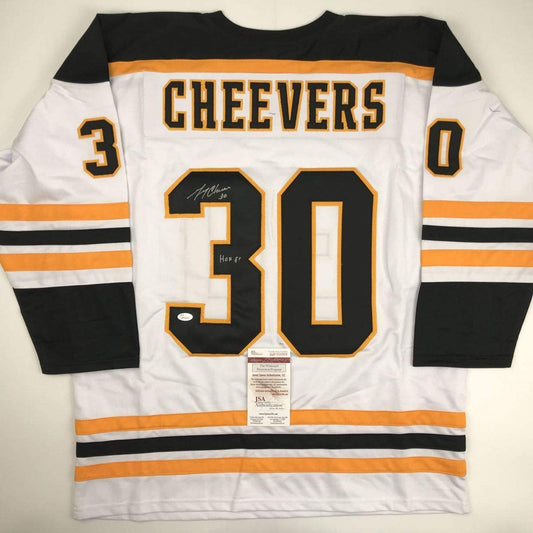 Autographed/Signed Gerry Cheevers"HOF 85" Boston White Hockey Jersey JSA COA