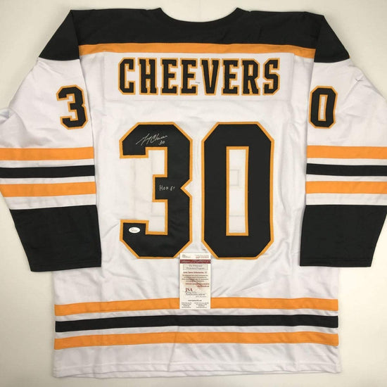 Autographed/Signed Gerry Cheevers"HOF 85" Boston White Hockey Jersey JSA COA