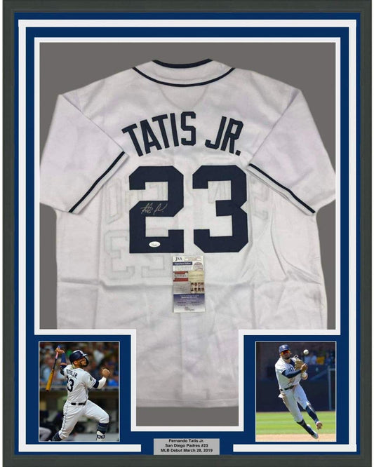 Framed Autographed/Signed Fernando Tatis Jr. 35x39 San Diego White Baseball Jersey JSA COA