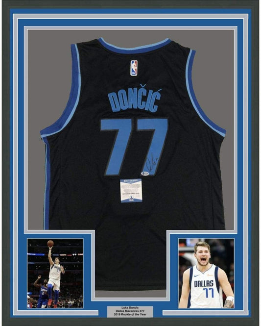 Framed Autographed/Signed Luka Doncic 35x39 Dallas Black Basketball Jersey Beckett BAS COA