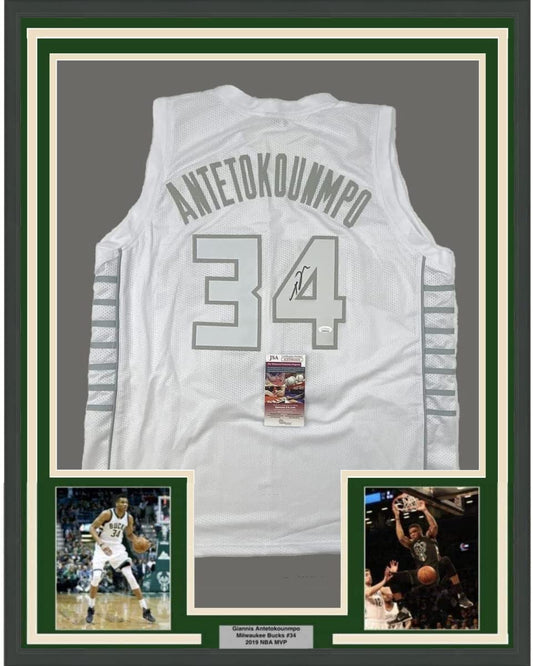 Framed Autographed/Signed Giannis Antetokounmpo 35x39 Milwaukee White Ice Basketball Jersey JSA COA