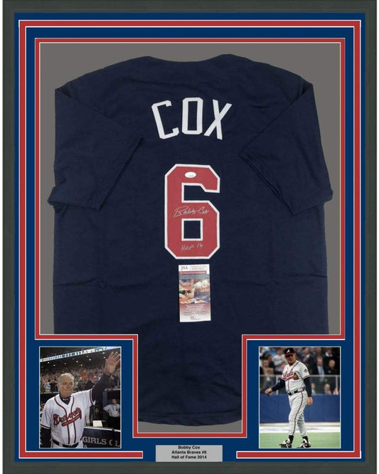 Framed Autographed/Signed Bobby Cox HOF 14 35x39 Atlanta Blue Baseball Jersey JSA COA
