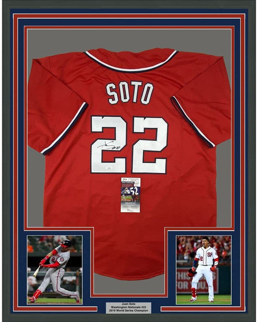 Framed Autographed/Signed Juan Soto 35x39 Washington Red Baseball Jersey JSA COA