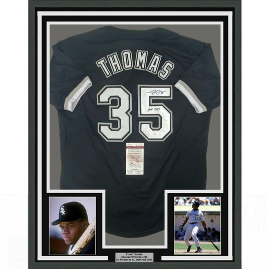 Framed Autographed/Signed Frank Thomas HOF 2014 35x39 Chicago Black Baseball Jersey JSA COA