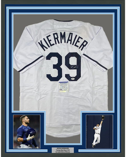Framed Autographed/Signed Kevin Kiermaier 35x39 Tampa Bay White Baseball Jersey PSA/DNA COA
