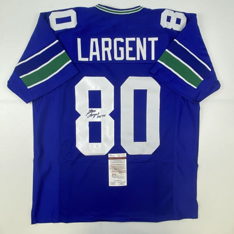 Autographed/Signed Steve Largent HOF 95 Seattle Blue Football Jersey JSA COA