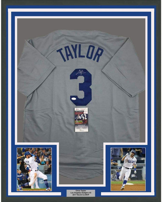 Framed Autographed/Signed Chris Taylor 35x39 Los Angeles LA Grey Baseball Jersey JSA COA