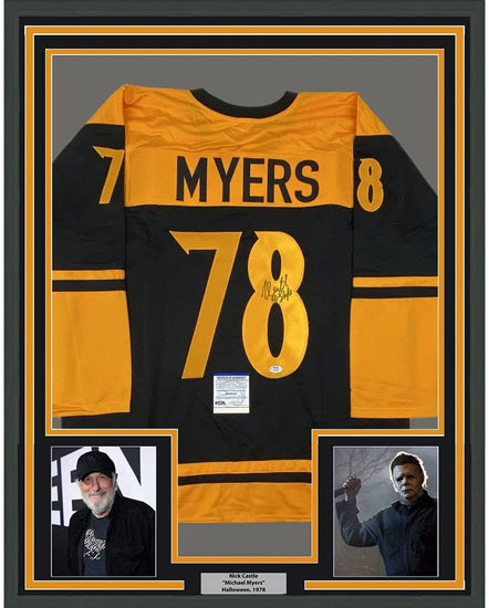 Framed Autographed/Signed Nick Castle Michael Myers 35x39 Halloween Black Movie Jersey PSA/DNA COA
