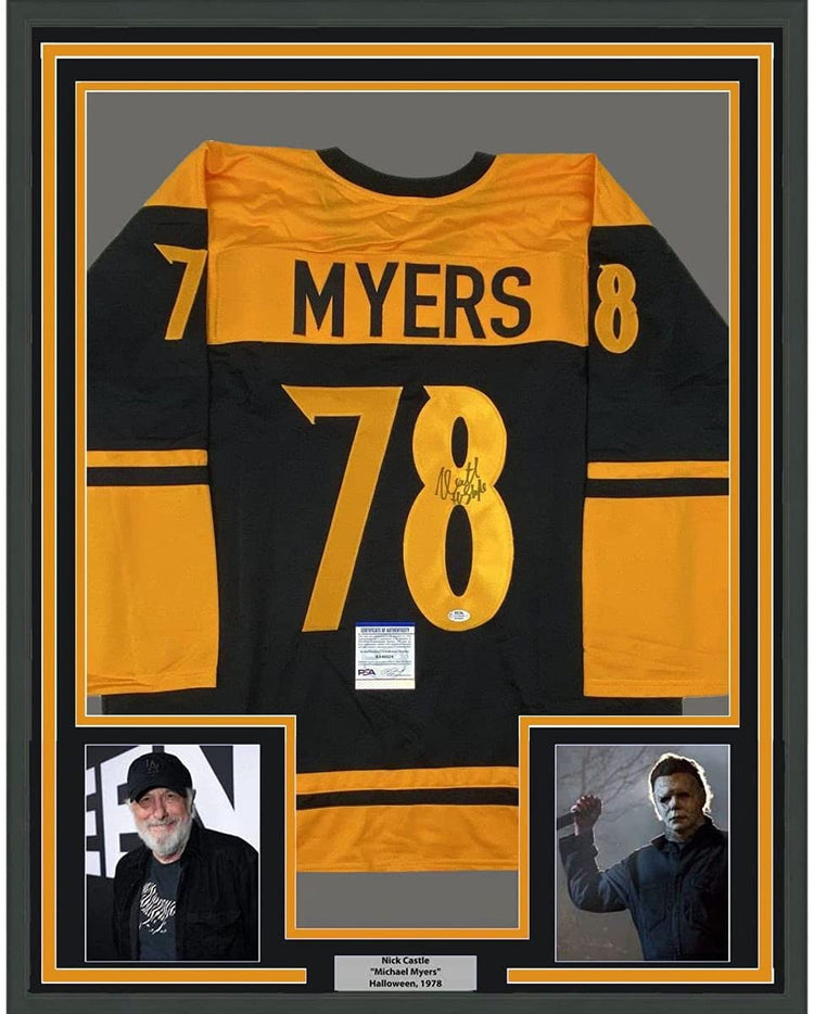 Framed Autographed/Signed Nick Castle Michael Myers 35x39 Halloween Black Movie Jersey PSA/DNA COA