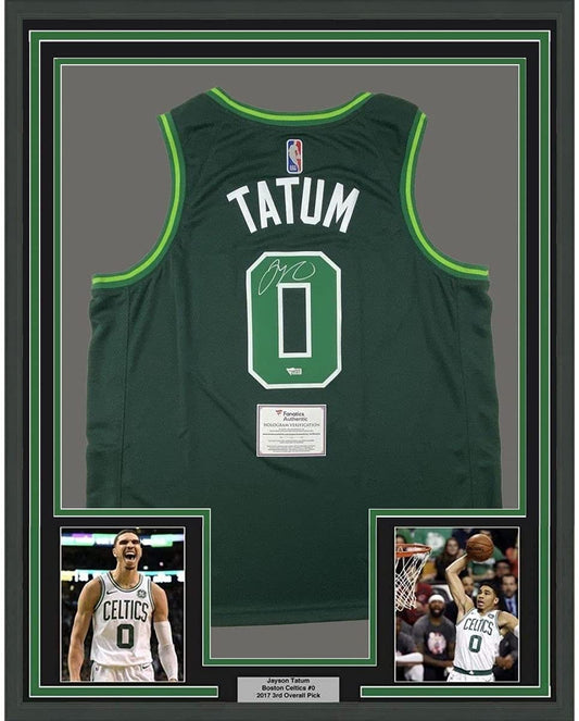 Framed Autographed/Signed Jayson Tatum Boston 35x39 Celtics Green Earned Edition Basketball Jersey Fanatics COA