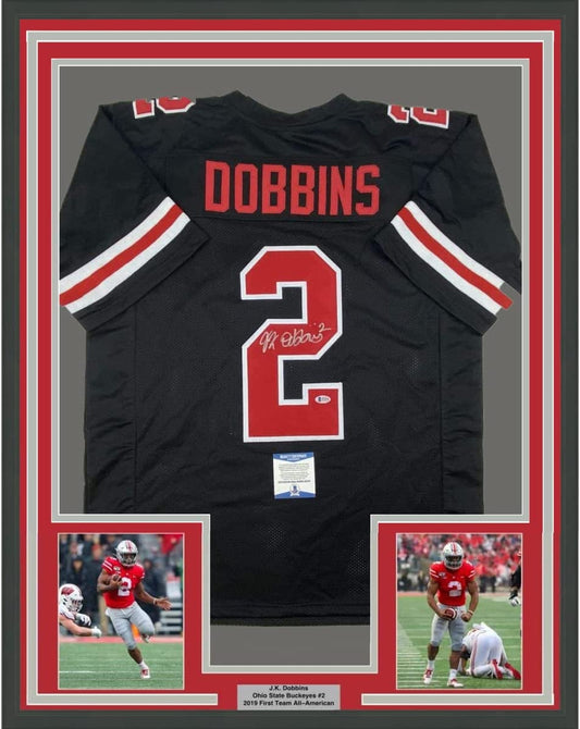 Framed Autographed/Signed JK J.K. Dobbins 35x39 Ohio State Black College Football Jersey Beckett BAS COA