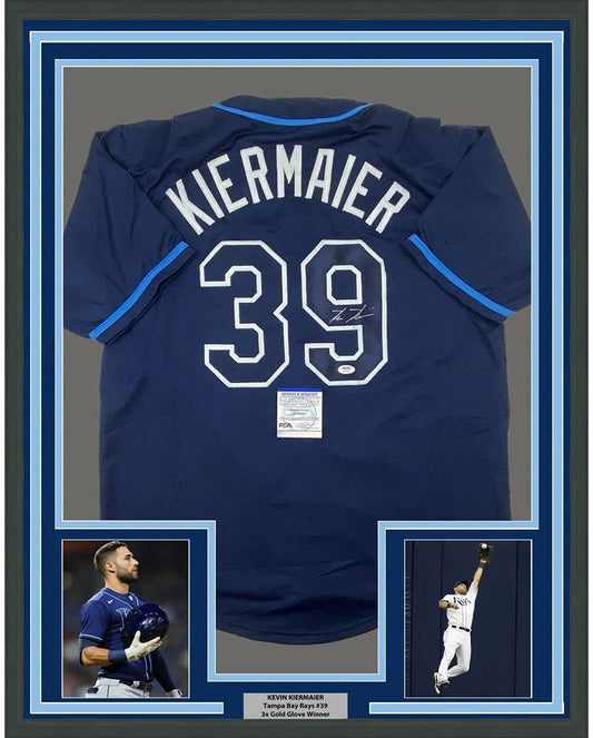 Framed Autographed/Signed Kevin Kiermaier 35x39 Tampa Bay Dark Blue Baseball Jersey PSA/DNA COA