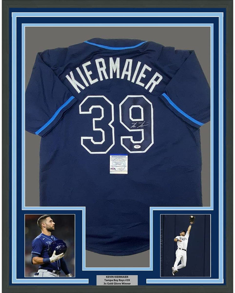 Framed Autographed/Signed Kevin Kiermaier 35x39 Tampa Bay Dark Blue Baseball Jersey PSA/DNA COA