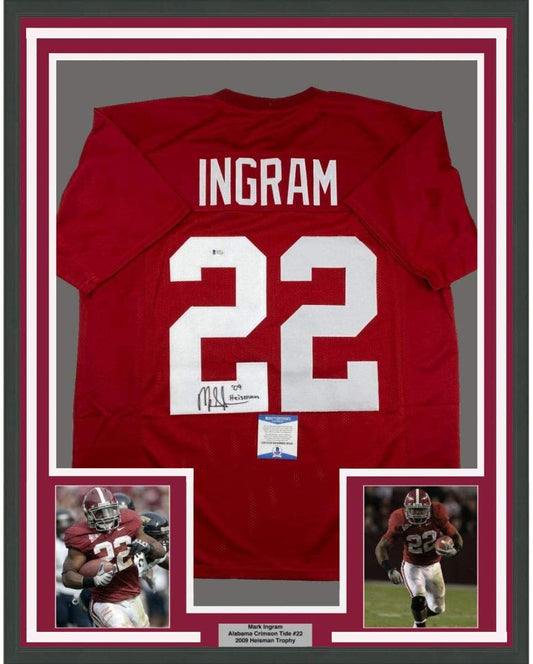 Framed Autographed/Signed Mark Ingram 09 Heisman 35x39 Alabama Red College Football Jersey Beckett BAS COA