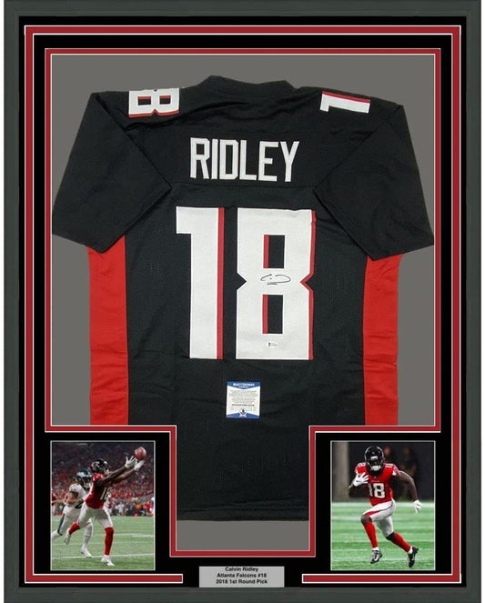 Framed Autographed/Signed Calvin Ridley 35x39 Atlanta Black Football Jersey Beckett BAS COA
