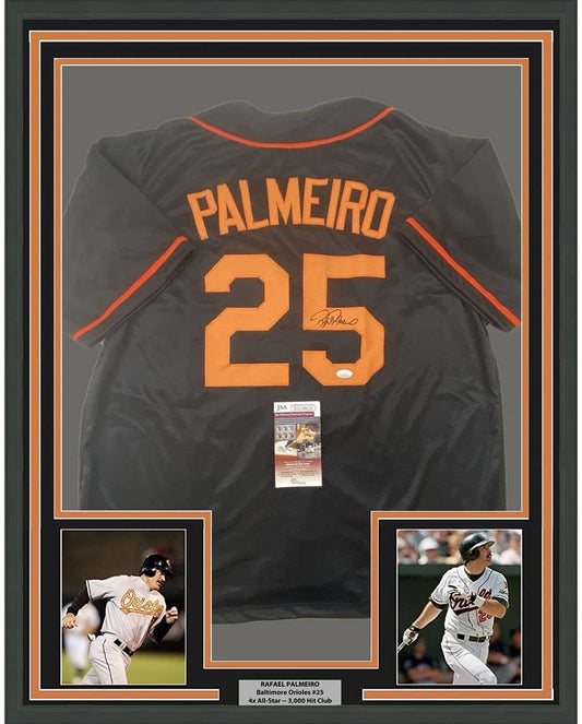 Framed Autographed/Signed Rafael Palmeiro 35x39 Baltimore Black Baseball Jersey JSA COA