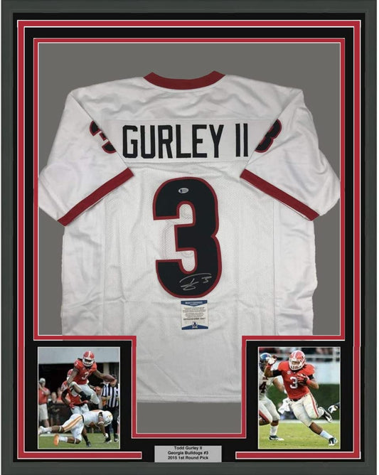 Framed Autographed/Signed Todd Gurley 35x39 Georgia White College Football Jersey Beckett BAS COA