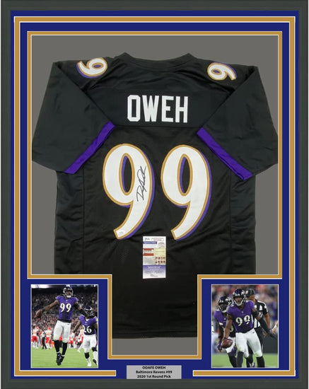 Framed Autographed/Signed Odafe Oweh 35x39 Baltimore Black Football Jersey JSA COA