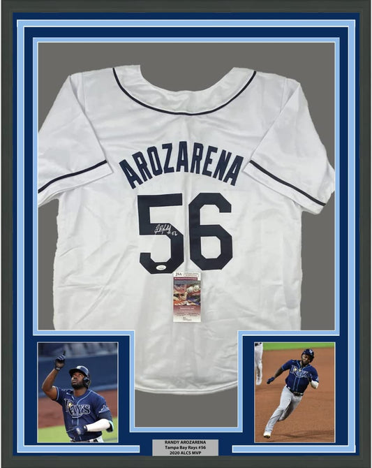 Framed Autographed/Signed Randy Arozarena 35x39 Tampa Bay White Baseball Jersey JSA COA
