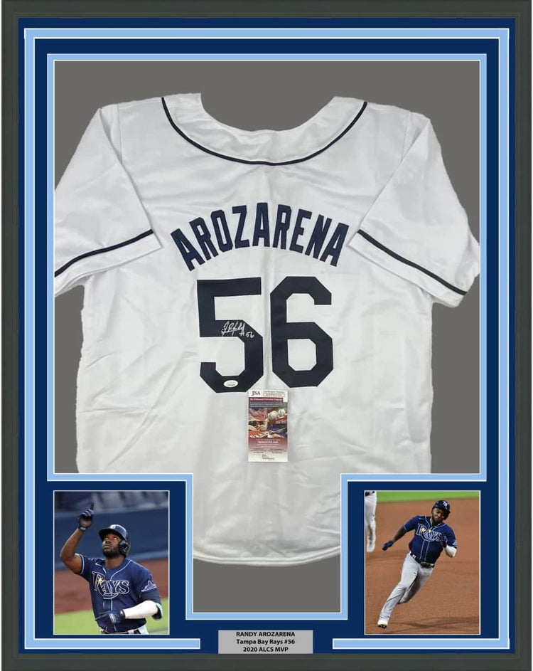 Framed Autographed/Signed Randy Arozarena 35x39 Tampa Bay White Baseball Jersey JSA COA