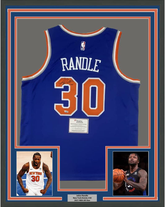 Framed Autographed/Signed Julius Randle 35x39 New York Knicks Blue Basketball Jersey Fanatics COA #2