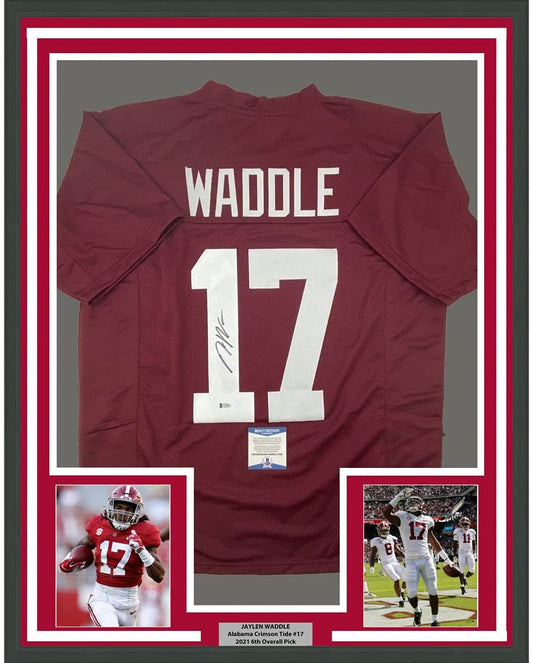 Framed Autographed/Signed Jaylen Waddle 35x39 Alabama Red College Football Jersey Beckett BAS COA