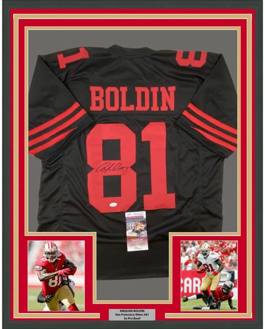 Framed Autographed/Signed Anquan Boldin 35x39 San Francisco Black Football Jersey JSA COA