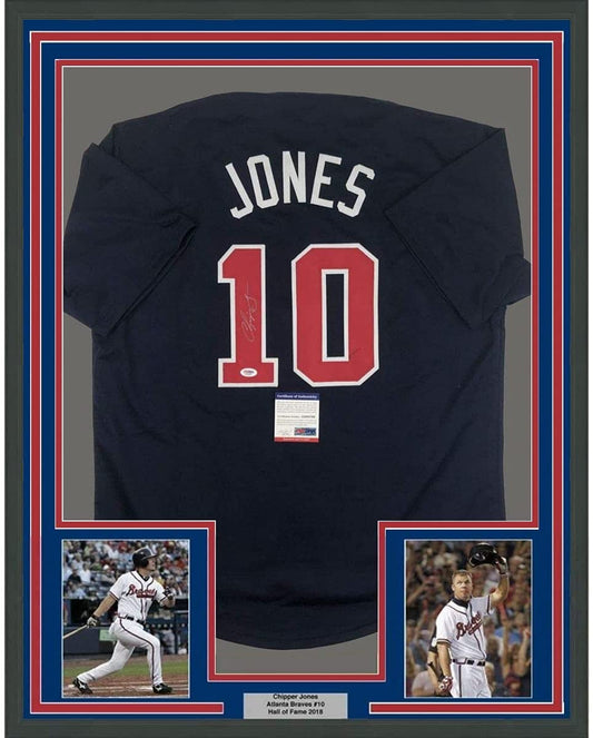 Framed Autographed/Signed Chipper Jones 35x39 Atlanta Blue Baseball Jersey PSA/DNA COA