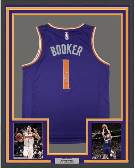 Framed Autographed/Signed Devin Booker 35x39 Phoenix Purple Basketball Jersey Steiner Sports COA