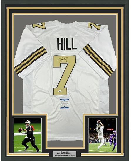 Framed Autographed/Signed Taysom Hill 35x39 New Orleans Color Rush Football Jersey Beckett BAS COA