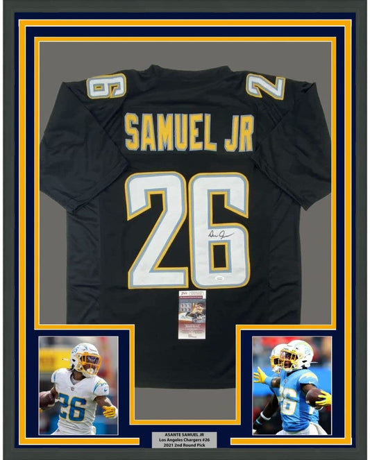 Framed Autographed/Signed Asante Samuel Jr. 35x39 Los Angeles LA Black Football Jersey JSA COA