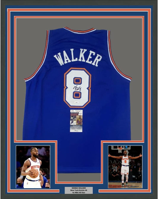 Framed Autographed/Signed Kemba Walker 35x39 New York Blue Basketball Jersey JSA COA