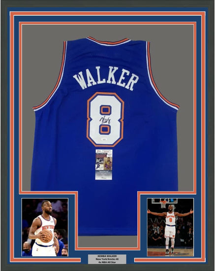 Framed Autographed/Signed Kemba Walker 35x39 New York Blue Basketball Jersey JSA COA