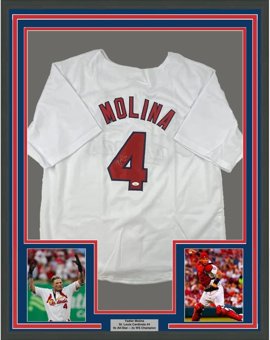 Framed Autographed/Signed Yadier Molina 35x39 St. Louis White Baseball Jersey JSA COA Holo Only