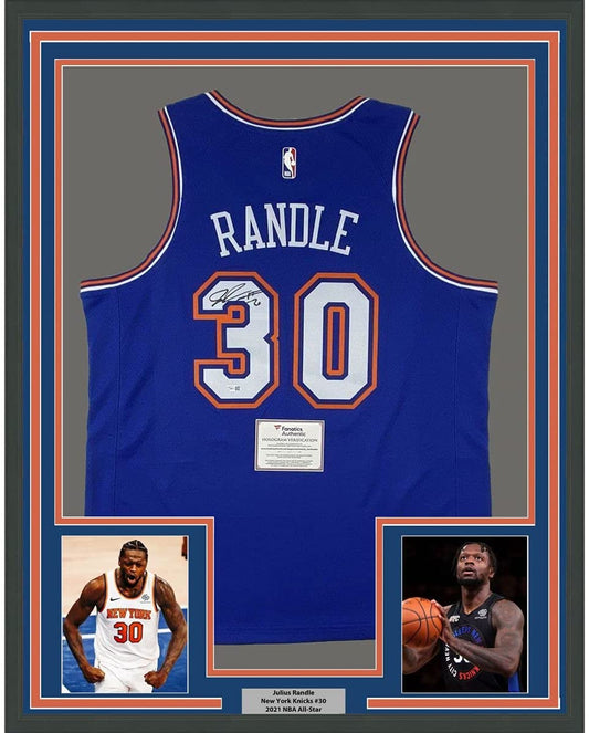 Framed Autographed/Signed Julius Randle 35x39 New York Knicks Blue Basketball Jersey Fanatics COA
