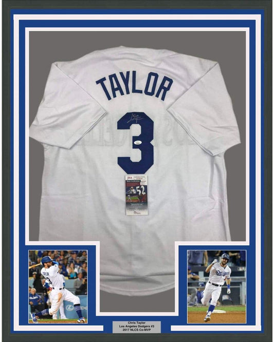 Framed Autographed/Signed Chris Taylor 35x39 Los Angeles LA White Baseball Jersey JSA COA