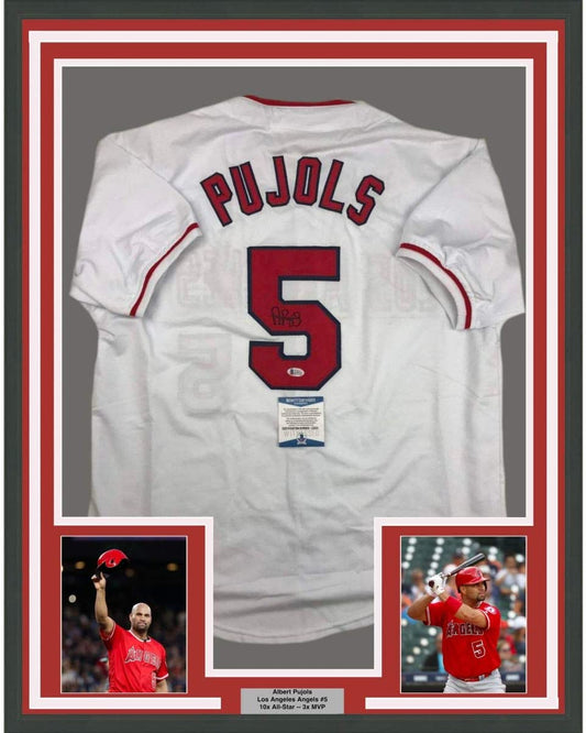 Framed Autographed/Signed Albert Pujols 35x39 Los Angeles White Baseball Jersey Beckett BAS COA