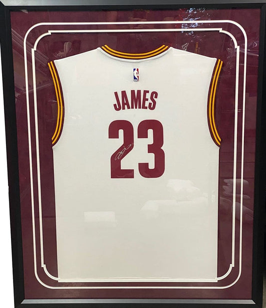Framed Autographed/Signed LeBron James 35x39 Cleveland Cavaliers White Basketball Jersey PSA/DNA COA/LOA